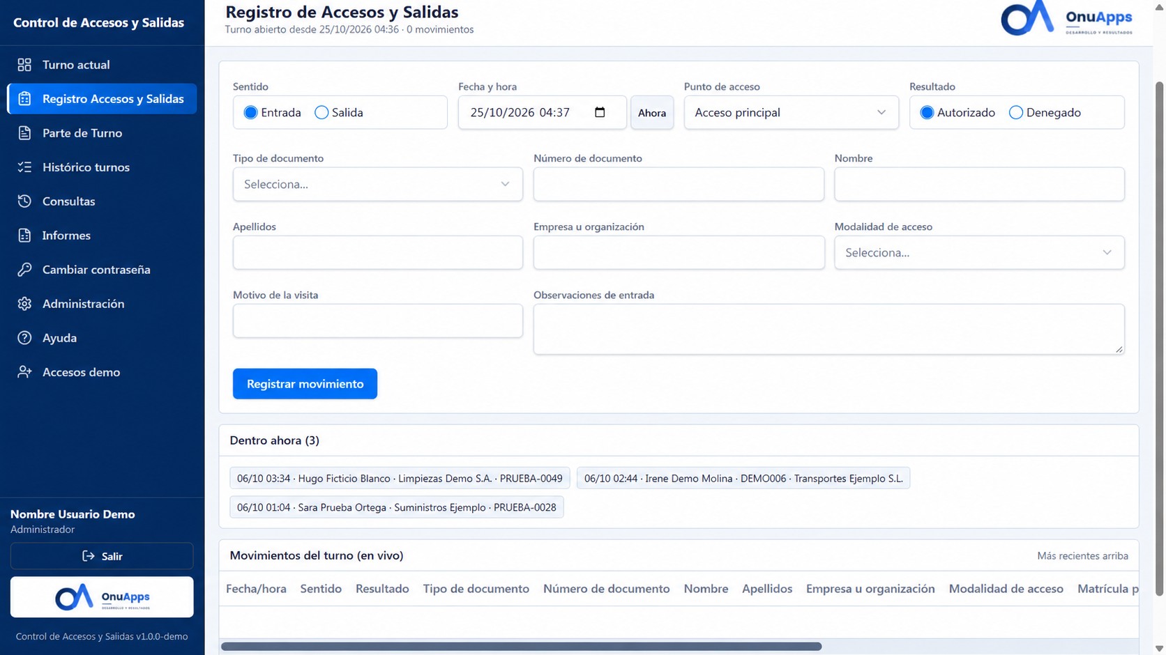 Registro de entradas y salidas de Control de Accesos y Salidas. Datos de demostración.