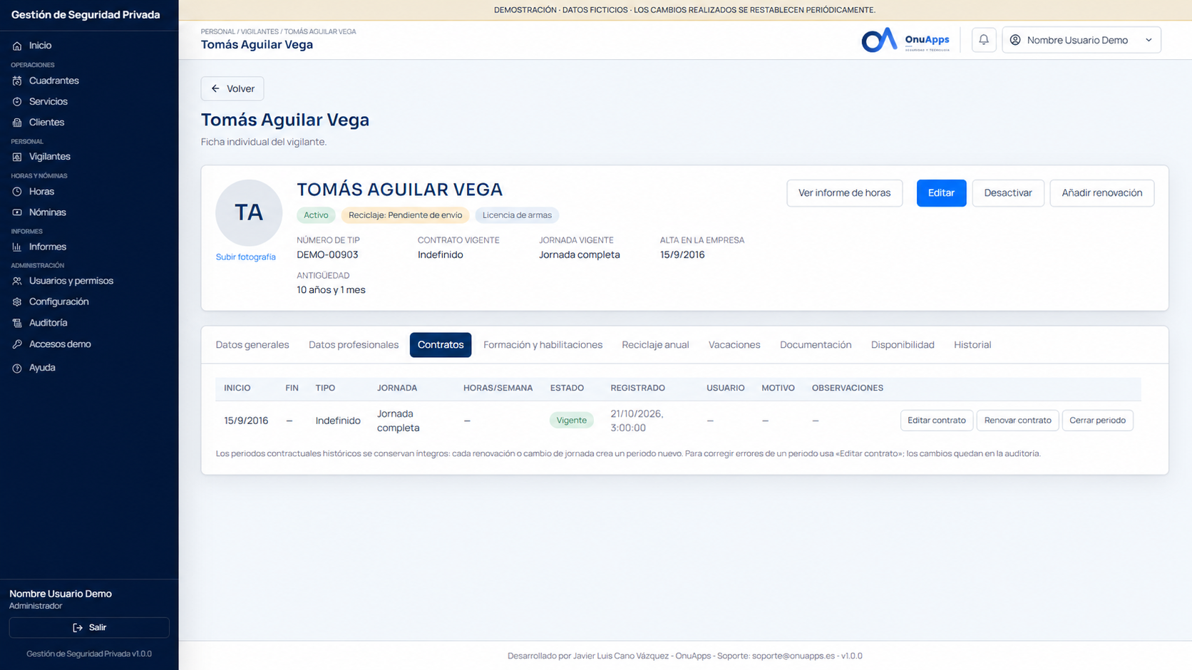 Vigilantes 2 de Gestión Servicios de Seguridad. Datos de demostración.