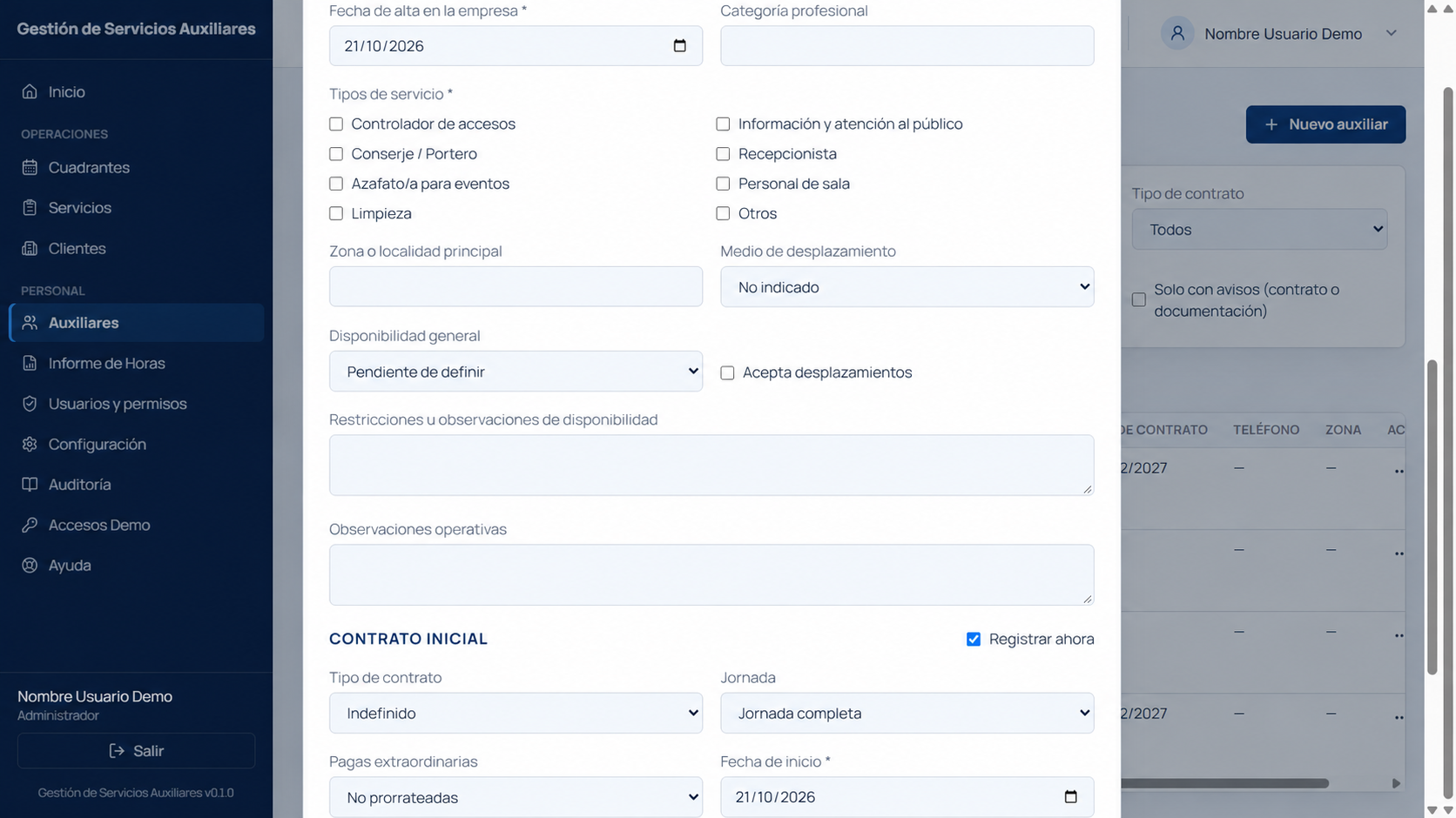 Ficha de personal auxiliar de Gestión de Servicios Auxiliares. Datos de demostración.