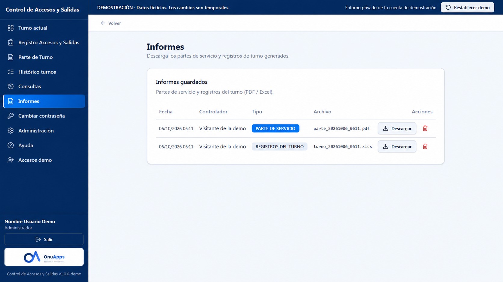Informes de Control de Accesos y Salidas. Datos de demostración.