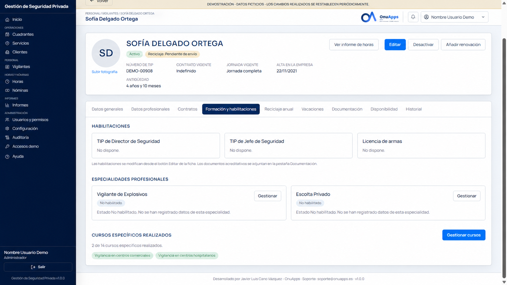 Vigilantes 3 de Gestión Servicios de Seguridad. Datos de demostración.