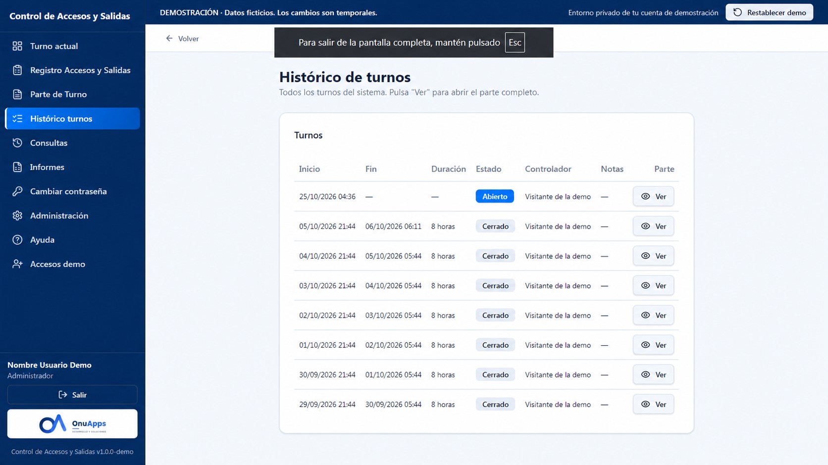 Histórico de turnos de Control de Accesos y Salidas. Datos de demostración.