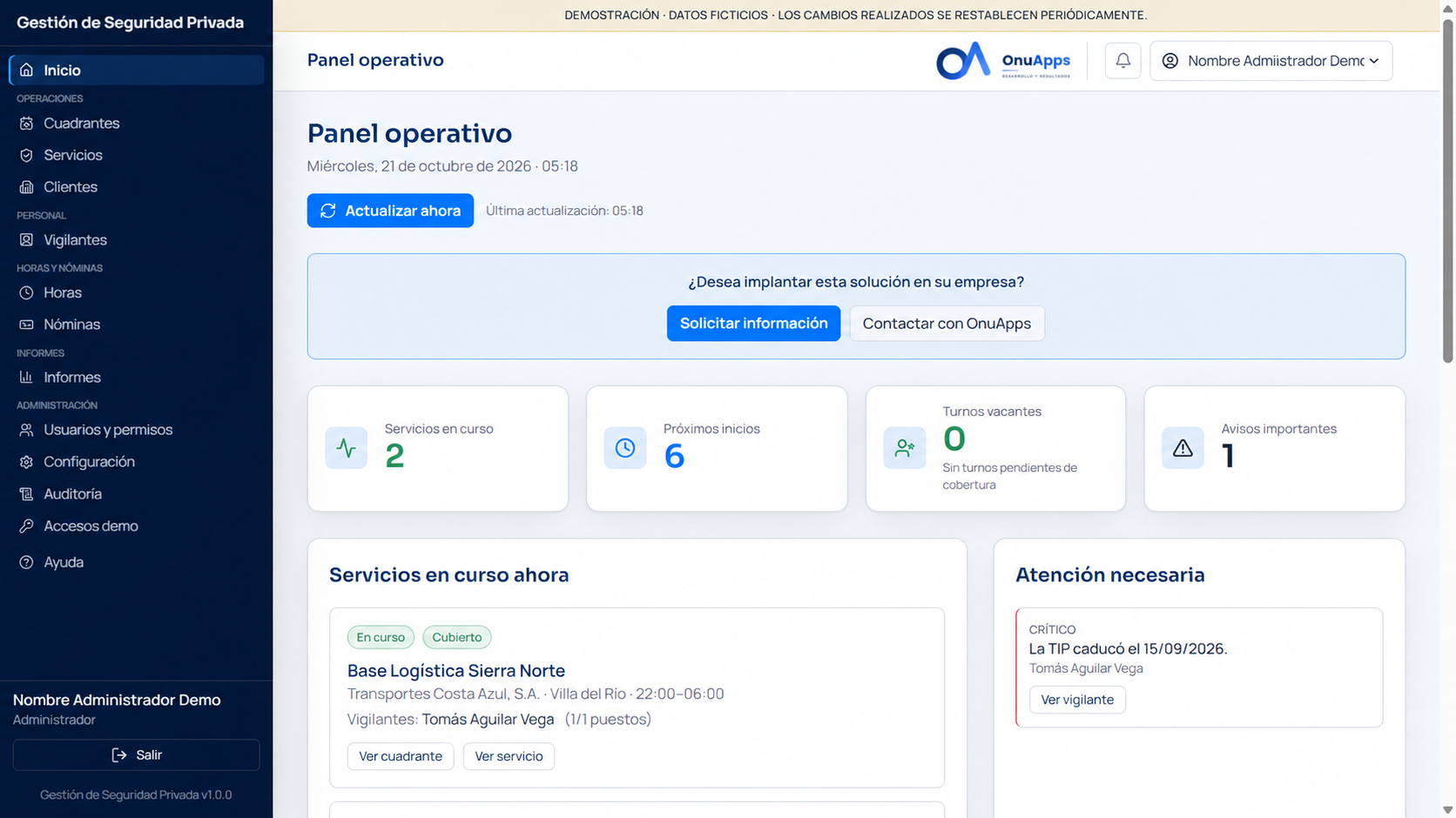 Panel operativo de Gestión de Seguridad Privada, con resumen de servicios, cobertura y avisos. Datos de demostración.