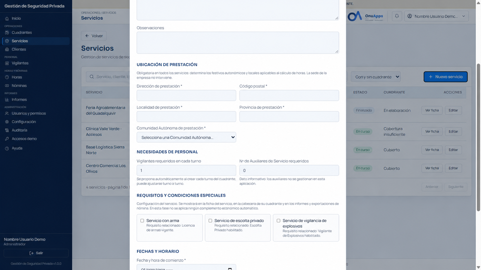 Servicios de Gestión Servicios de Seguridad. Datos de demostración.