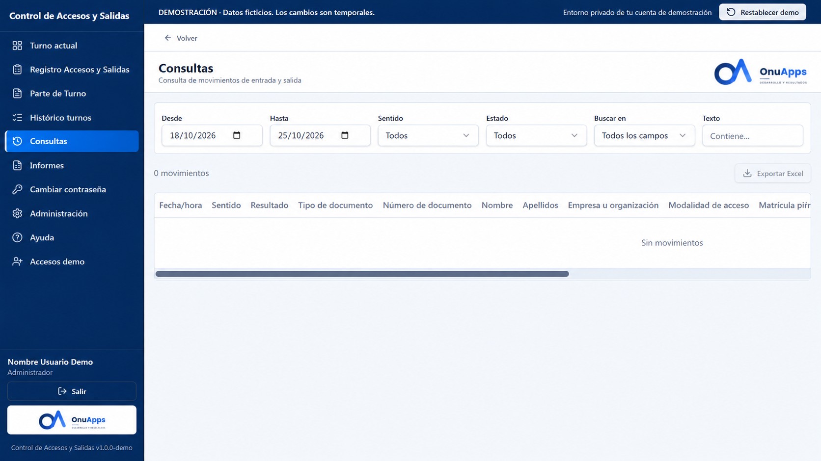 Consultas de Control de Accesos y Salidas. Datos de demostración.