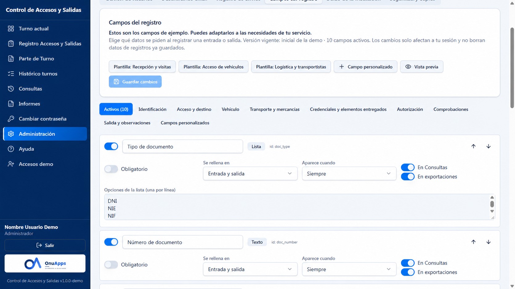 Campos configurables de Control de Accesos y Salidas. Datos de demostración.