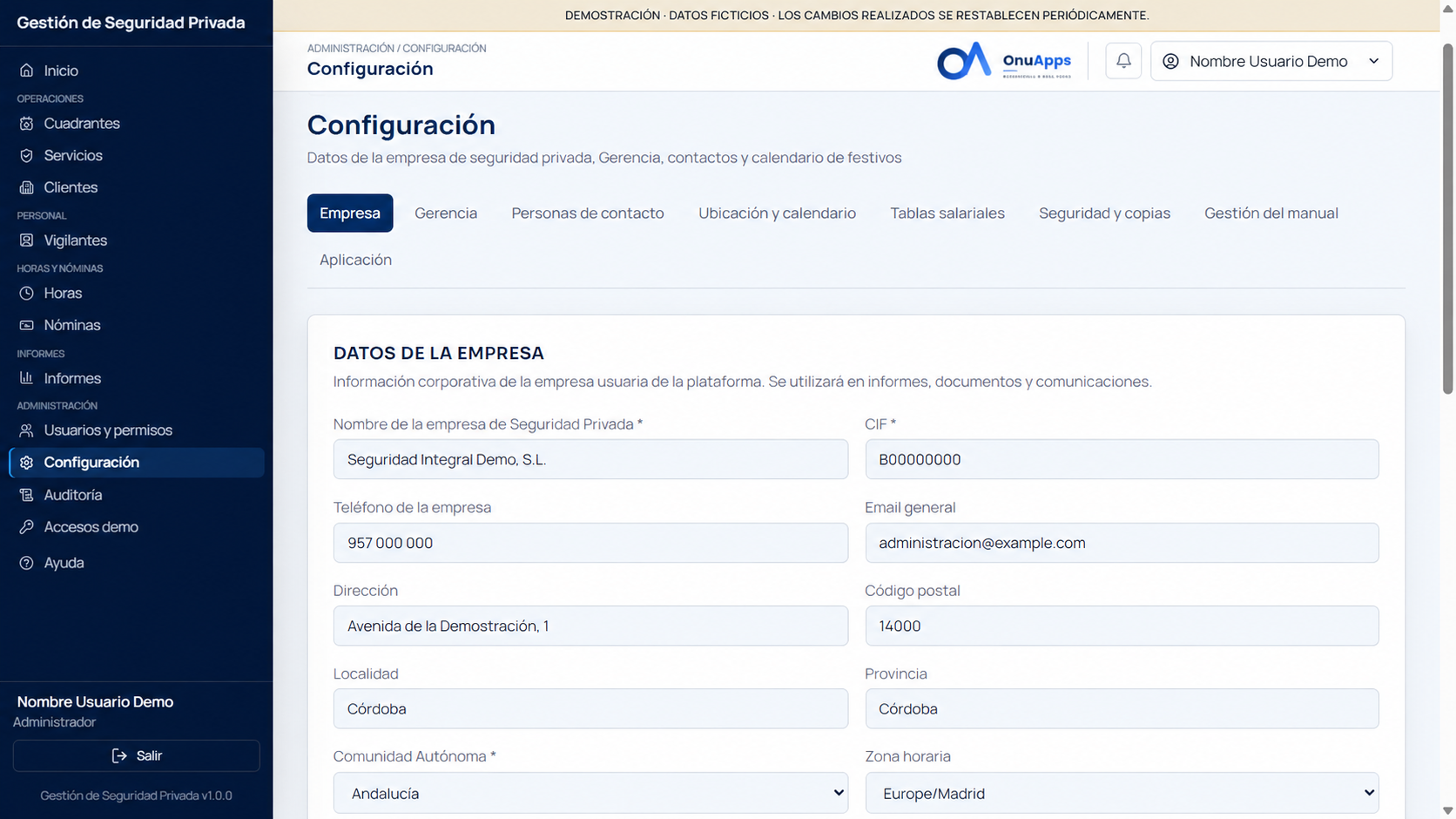 Configuración de Gestión Servicios de Seguridad. Datos de demostración.