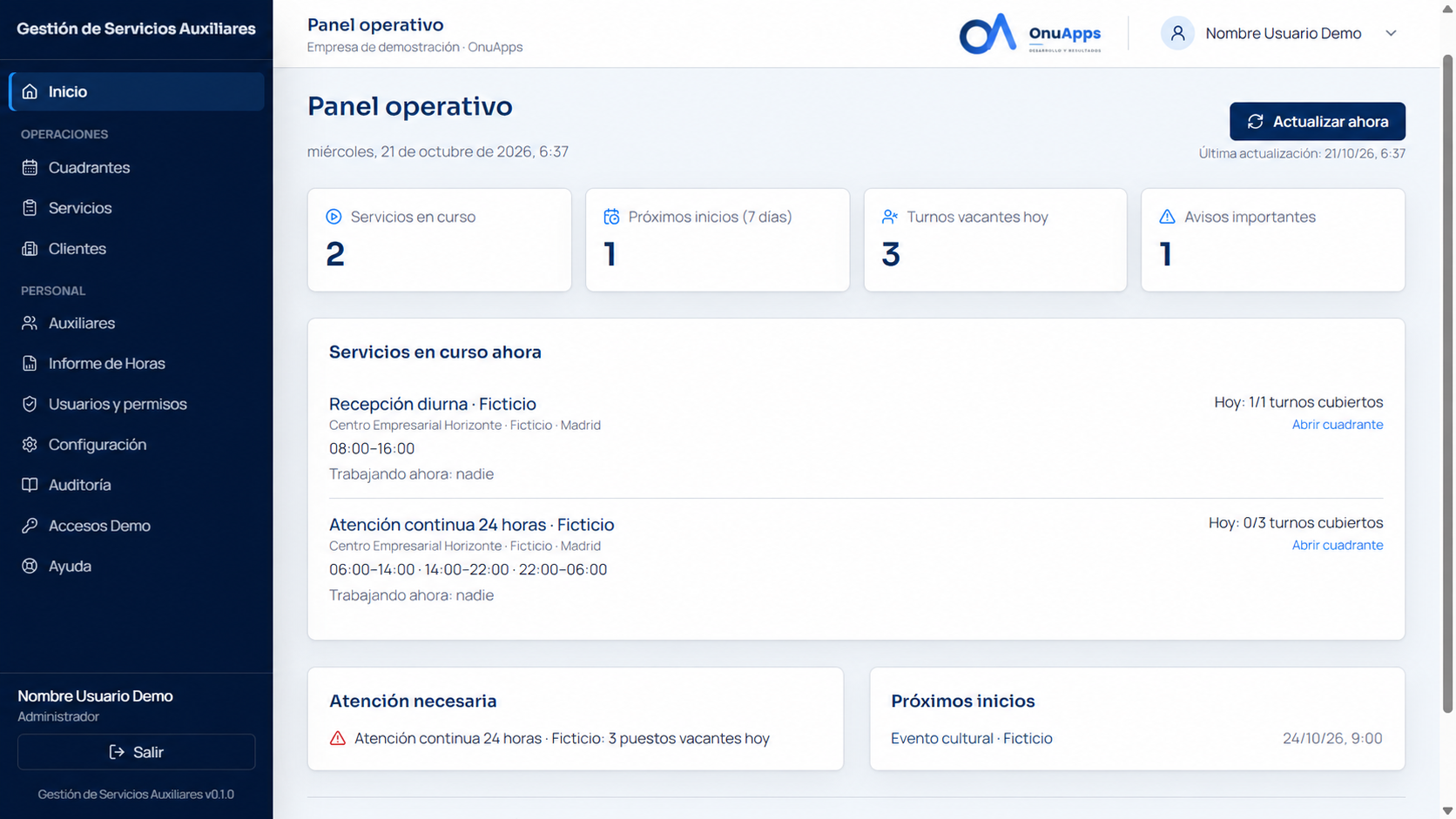 Panel operativo de Gestión de Servicios Auxiliares con servicios en curso, turnos vacantes y próximos inicios. Datos de demostración.